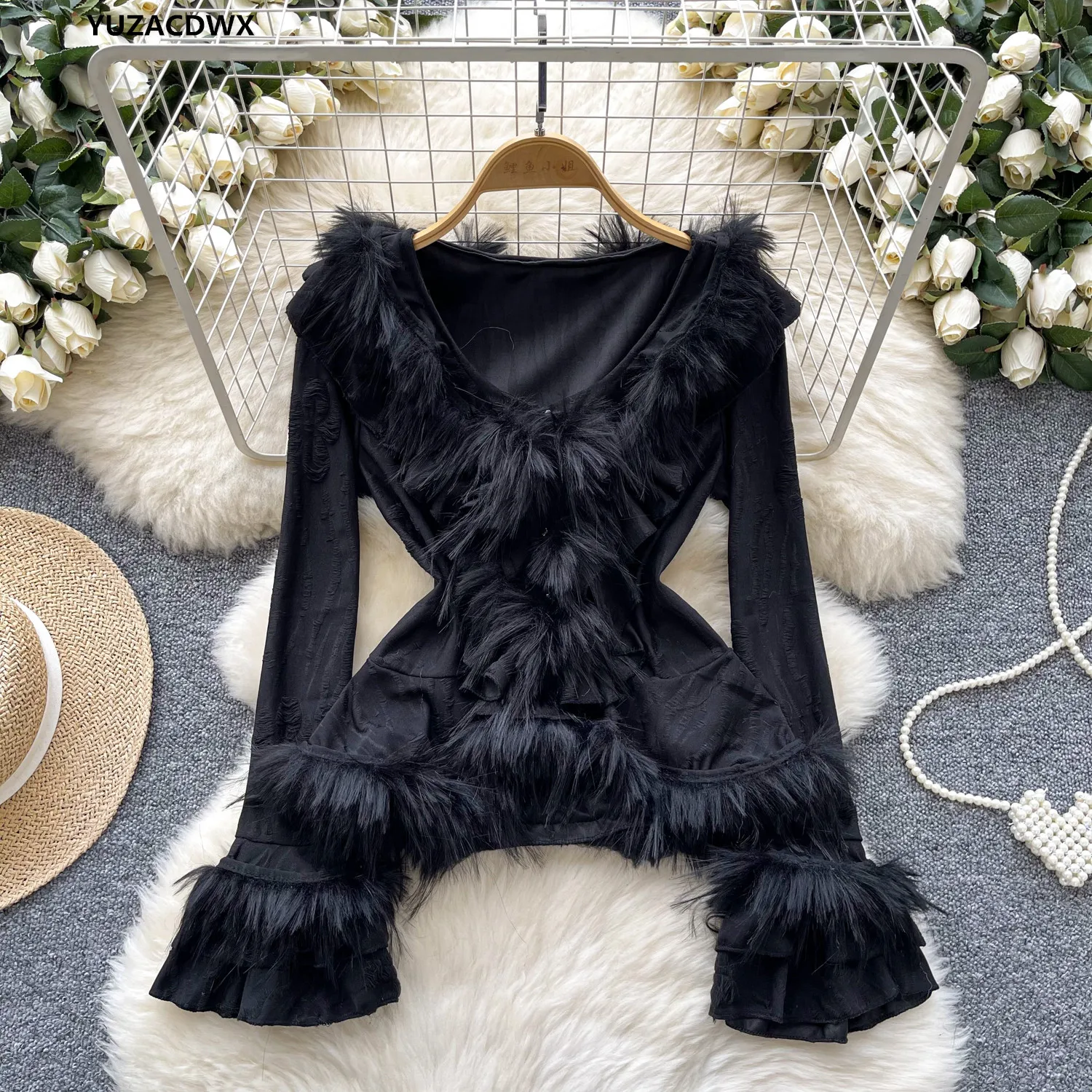 2024 New Design Turkey Feather Long Sleeve See-through T-shirts Ladies Top Deep V Neck Party Cardigan y2k clothes