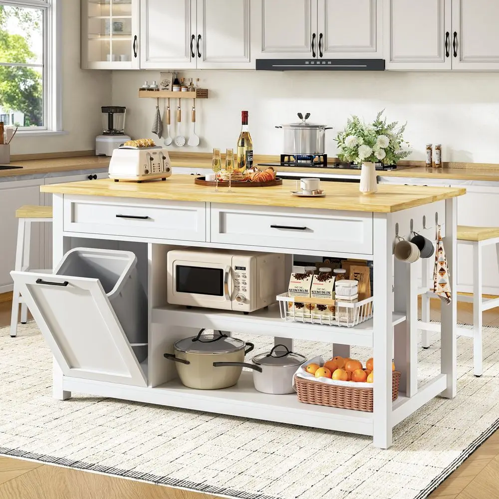 

Island with Storage and Seating Include 2 Bar Stools, 47 Solid Rubberwood Top Kitchen Island with Trash Can Storage, Power Outl