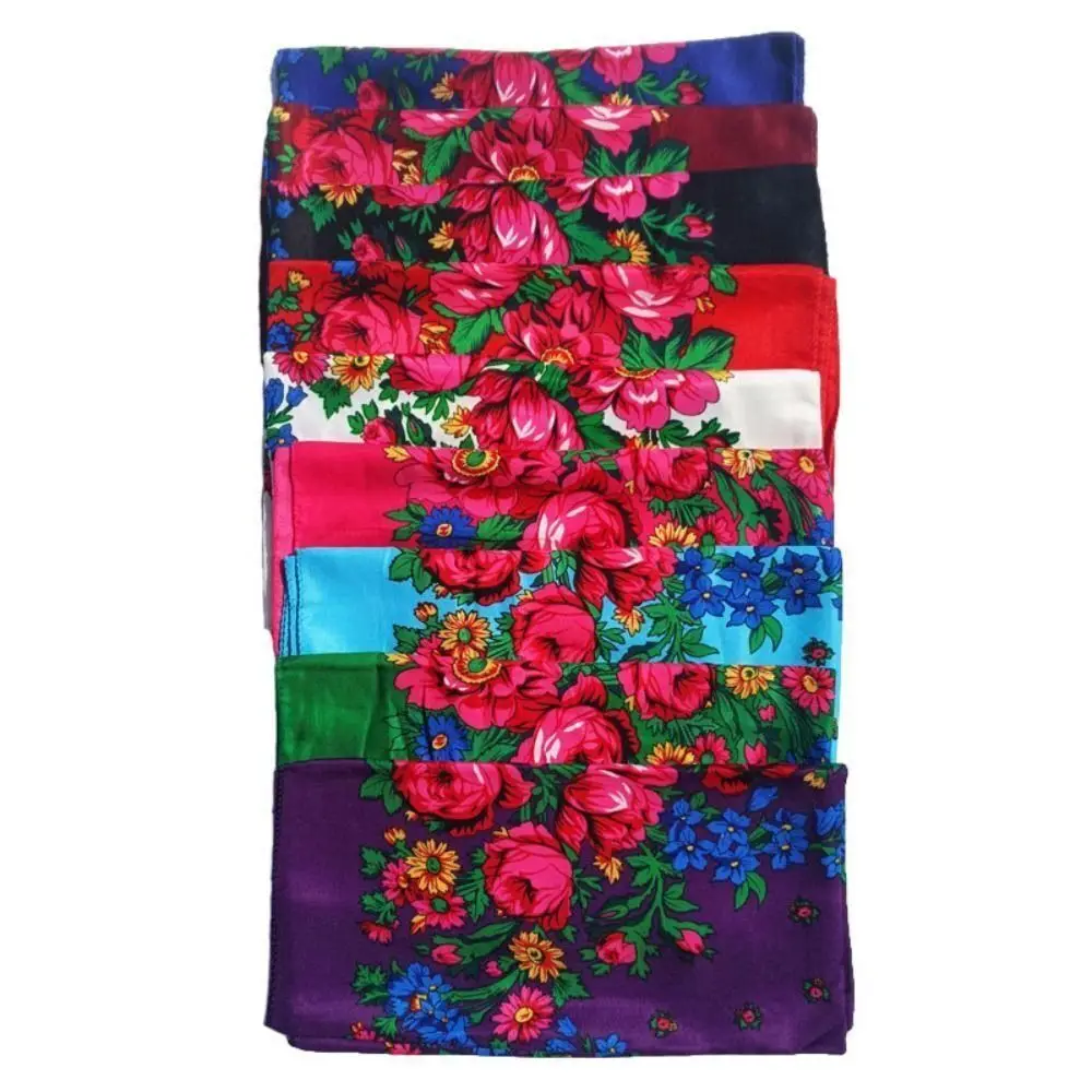 Sunscreen Rose Flower Print Head Scarf High Quality Ethnic Style Square Headwraps Polyester Square Shawl