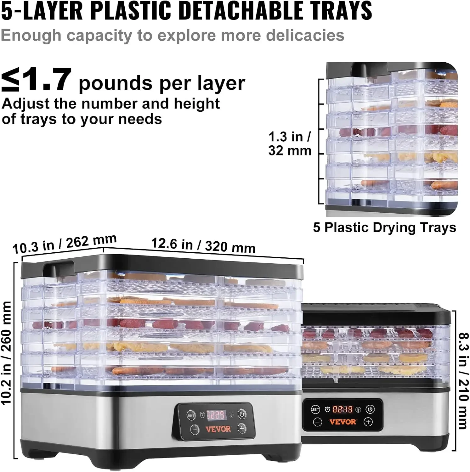 Food Dehydrator Machine, 5-Tray Fruit Dehydrator, 300W Electric Food Dryer w/Digital Adjustable Timer & Temperature for Jerky