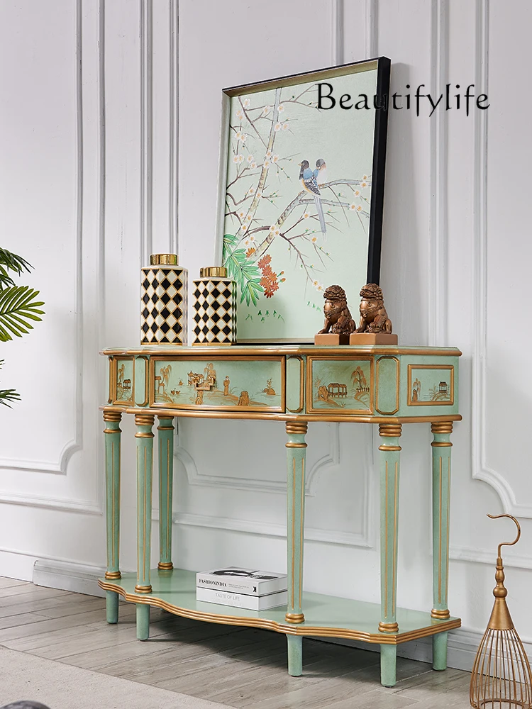 French Luxury Gold Painting Home Solid Wood Console Table Retro Distressed Villa Foyer Doorway Cabinet