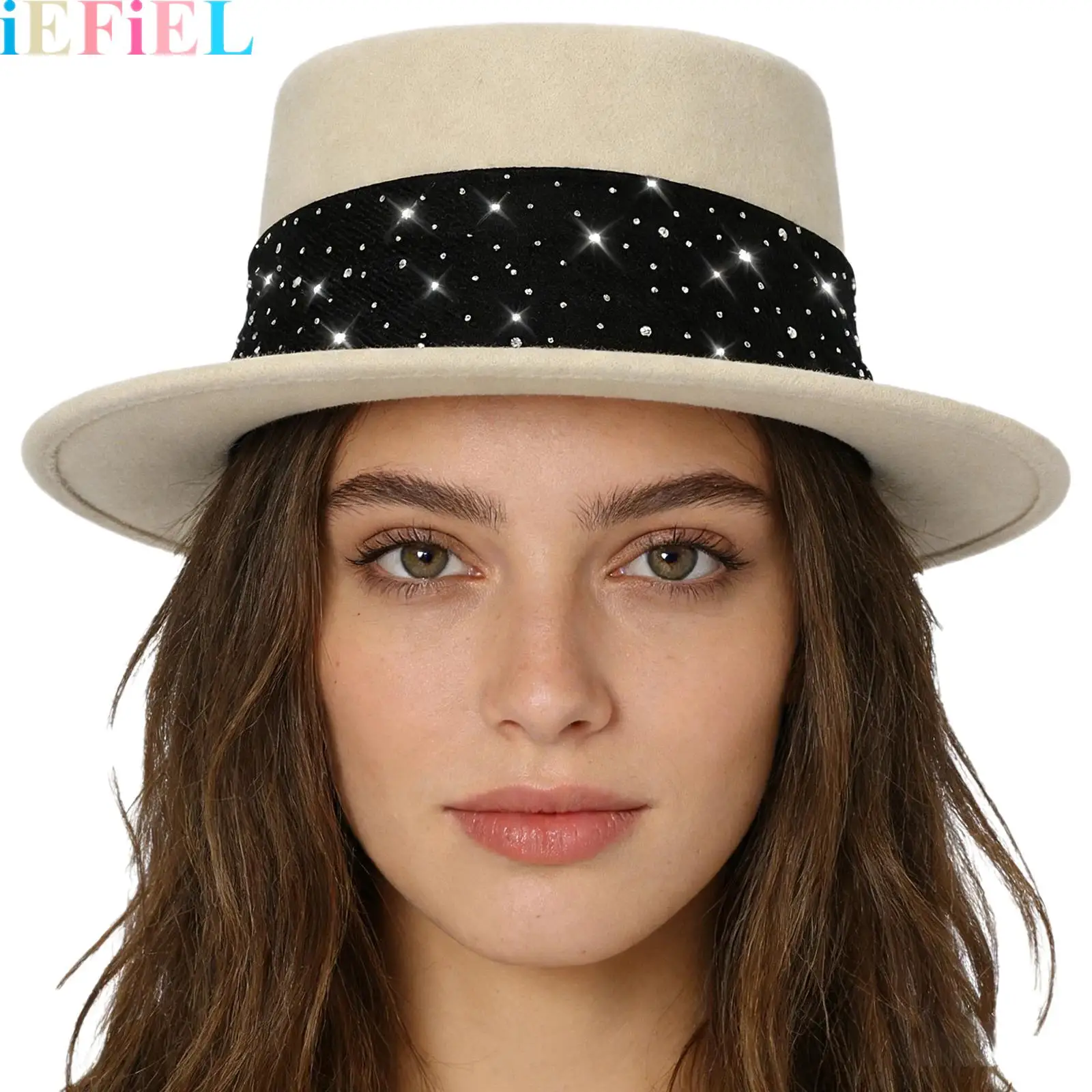 

1Pcs Wide Brim Top Hat Retro Fedora Hat Flat Top Hat Shiny Rhinestones Hat for Women Men Elegant Dress Hat
