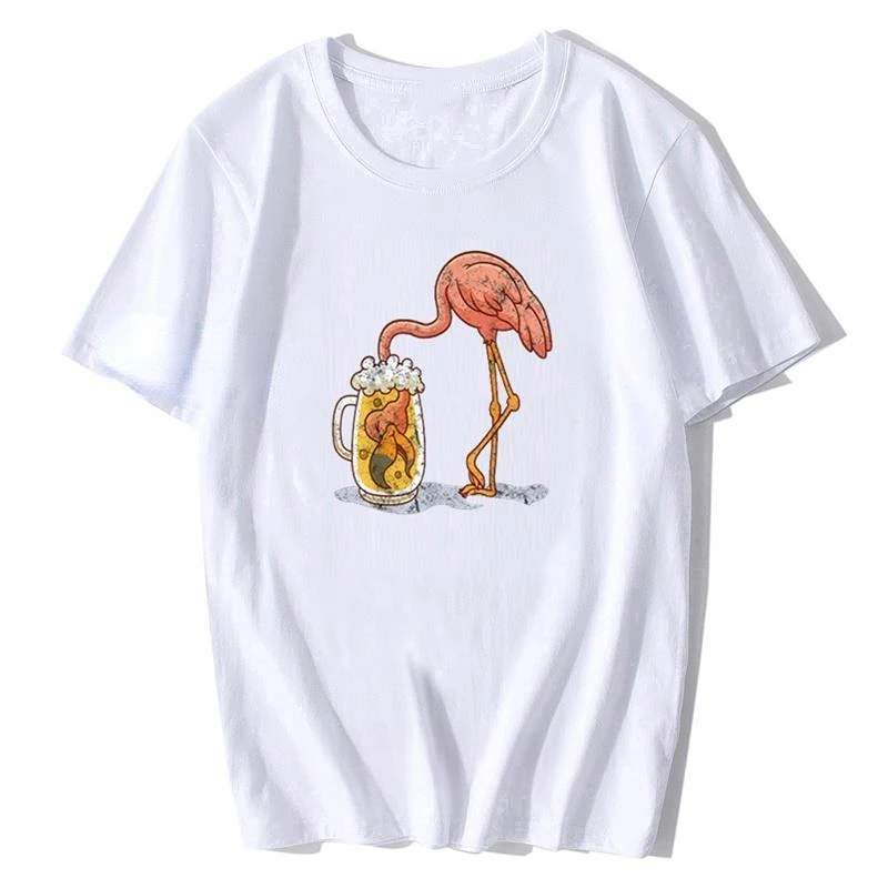 Vintage Flamingo beer mugs Beer-drinker print Fashion Street Wear casual men's and women's all-purpose short-sleeved T-shirts