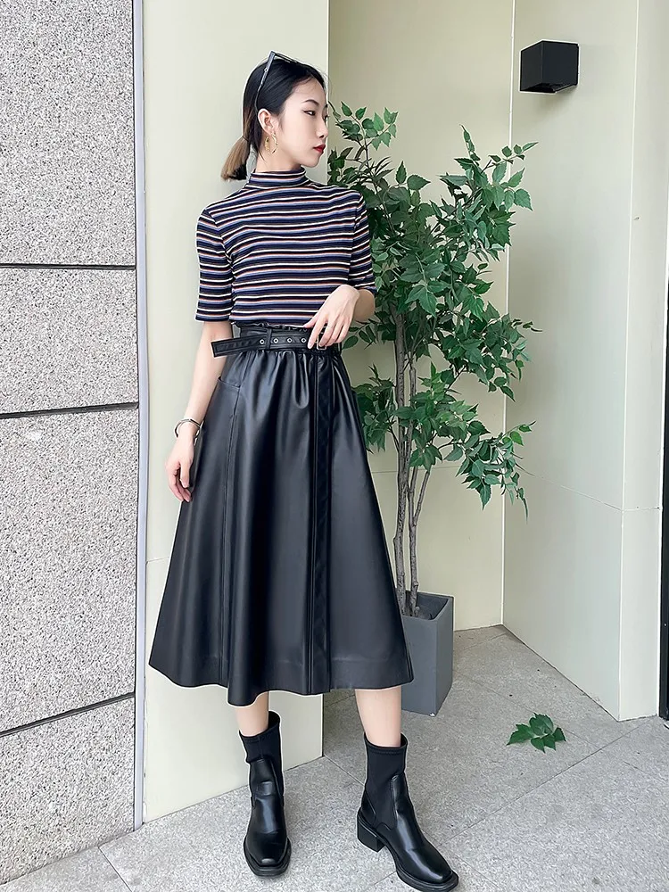 Spring Women Genuine Leather Skirts Loose Design Fashion Office Lady Elegant High Waist Belt A-Line Sheepskin Black Long Skirts