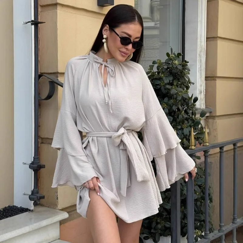 

Ticketsx Fashionable Ruffled Mini Dress Elegant V-neck Lace-up Solid Pleated Dress Casual Autumn New Style Women Dress Vestidos