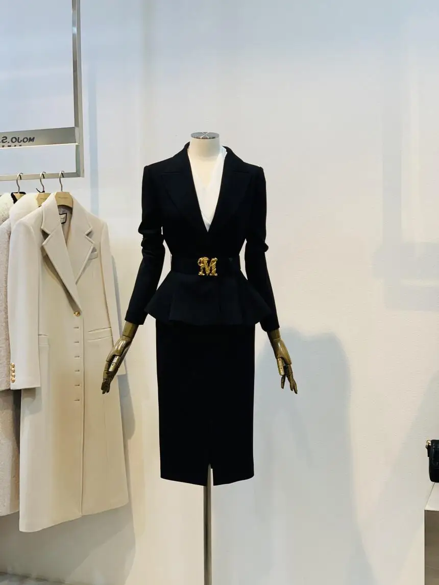 

Elegant Autumn 2025 Women's Fashion Suit Set with Waist-Cinching Belt Asymmetric Skirt Long Sleeve Zipper Closure Two-Piece Set
