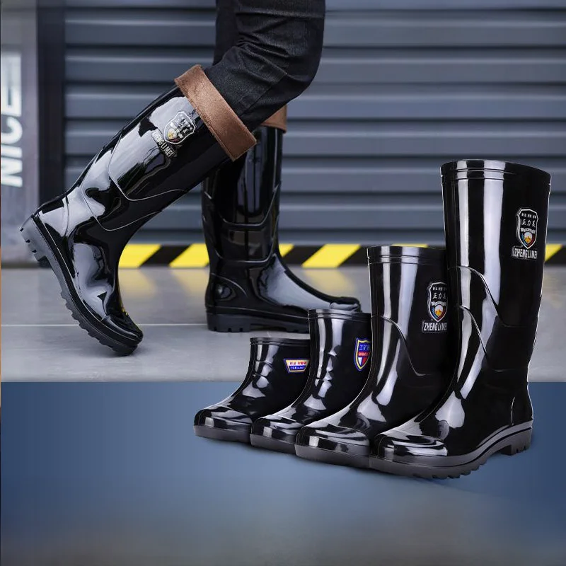 Men's High-Tube Rain Boots Thickened Anti-Slip Kitchen Gumboots Waterproof Acid-Resistant Velvet Cover Winter Season Pure Color
