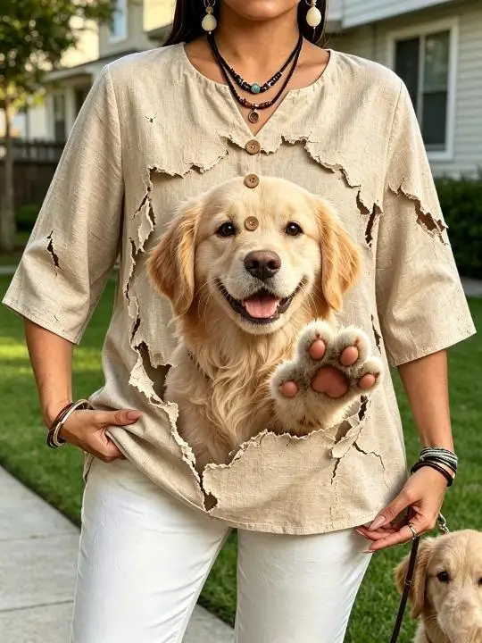 Women Blend Pet Tear Print Blouses Notch V Neck Half Decor Buttons 3/4 Sleeve Walking Daily Tops