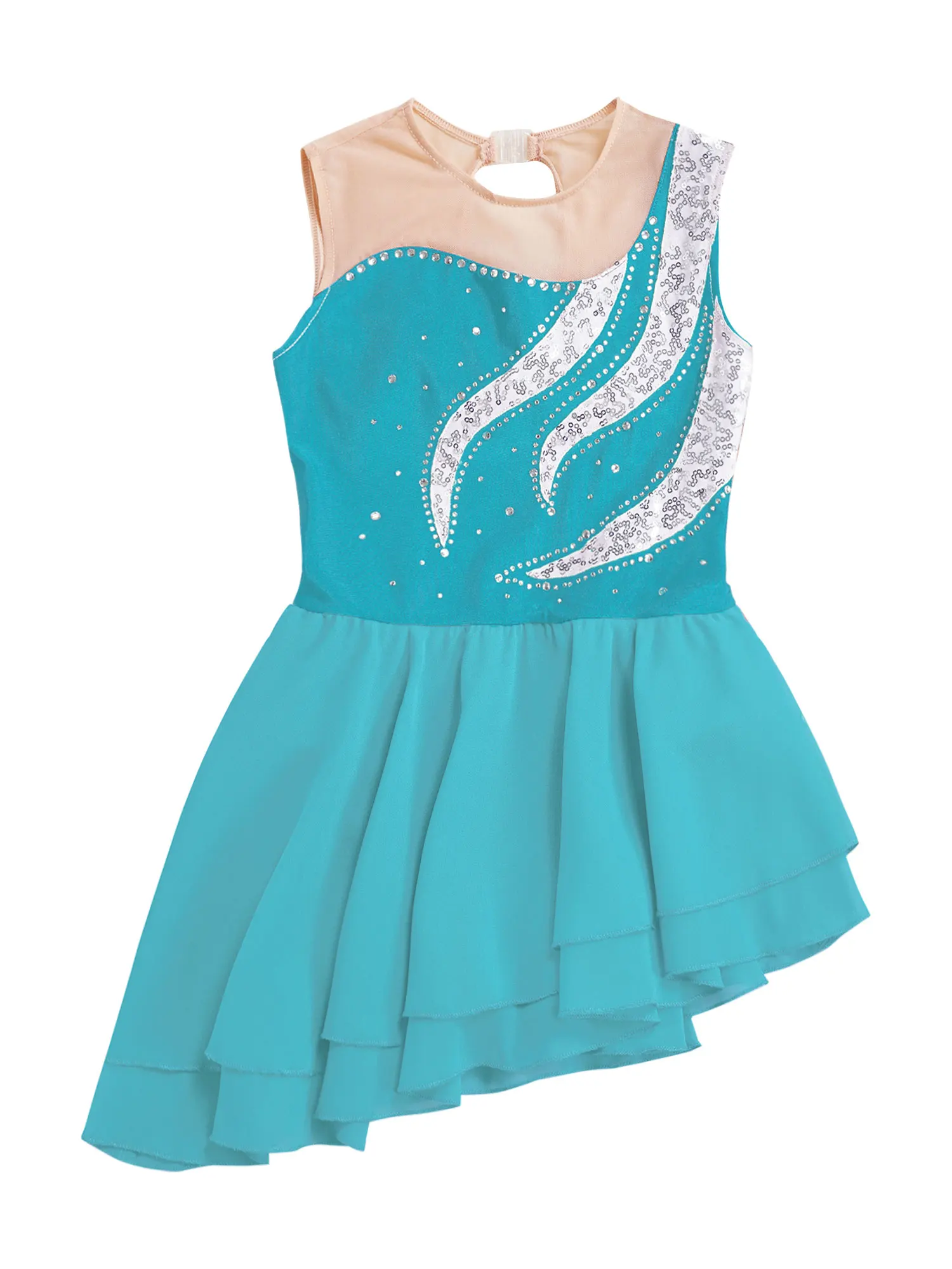 

Kids Girls Mesh Splice Chiffon Ballet Dance Leotard Hollow Back Dress Dancewear Sequin Rhinestone Figure Ice Skating Costume