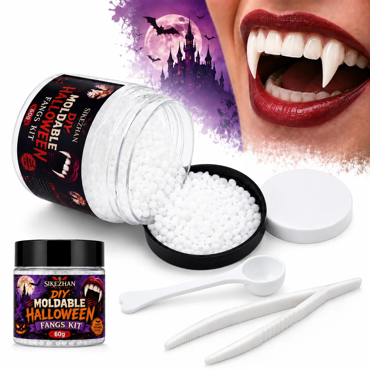 DIY Vampire Fangs Kit 60g Moldable Thermoplastic Beads Halloween Teeth Making Material for Costume Cosplay Party Props Tweezers