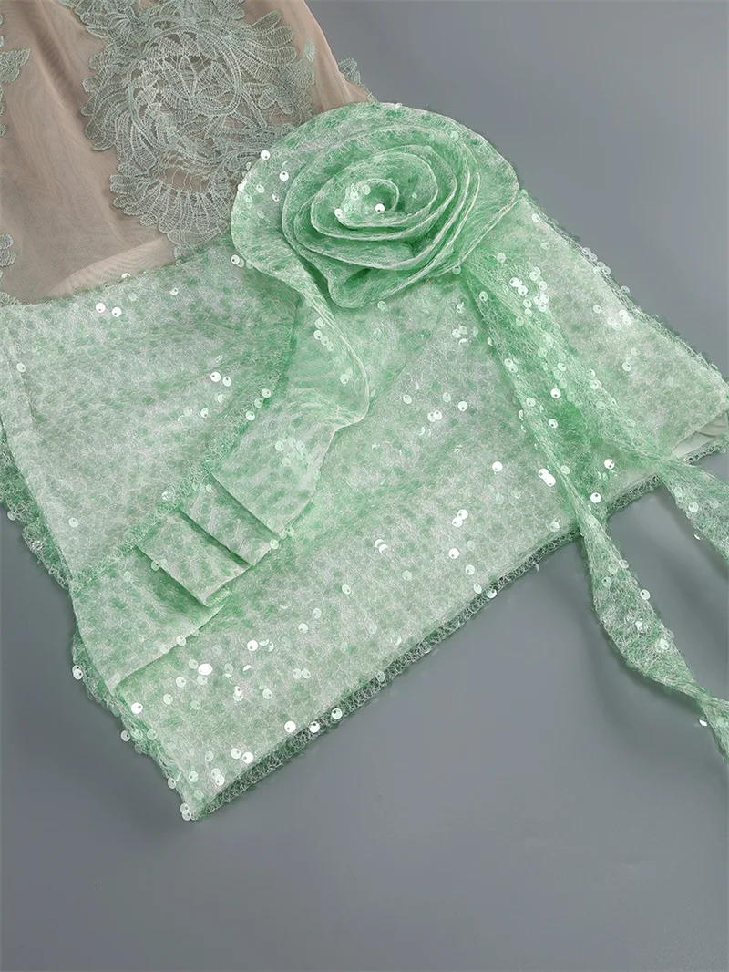 Shiny Sequins Green Prom Dress 3D Flower Sexy Sleeveless Sheer Short Mini Formal Wedding Evening Robe Banquet Party Bridal Gown