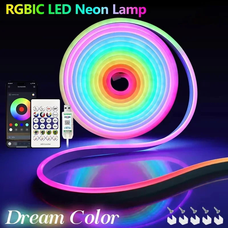 USB 5V RGBIC LED Neon Strip Light Dream Color Flexible Silicone Tape with Remote Control for TV Backlight Bedroom Home Decor