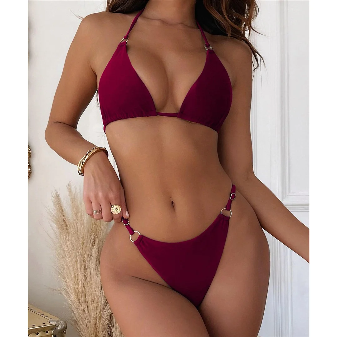 Sexy Neckholder-Bikini mit hohem Beinausschnitt und Metallring, Damen-Badeanzug, zweiteiliges Bikini-Set, Badebekleidung, Badeanzug, Modell V3142 – Detail 13