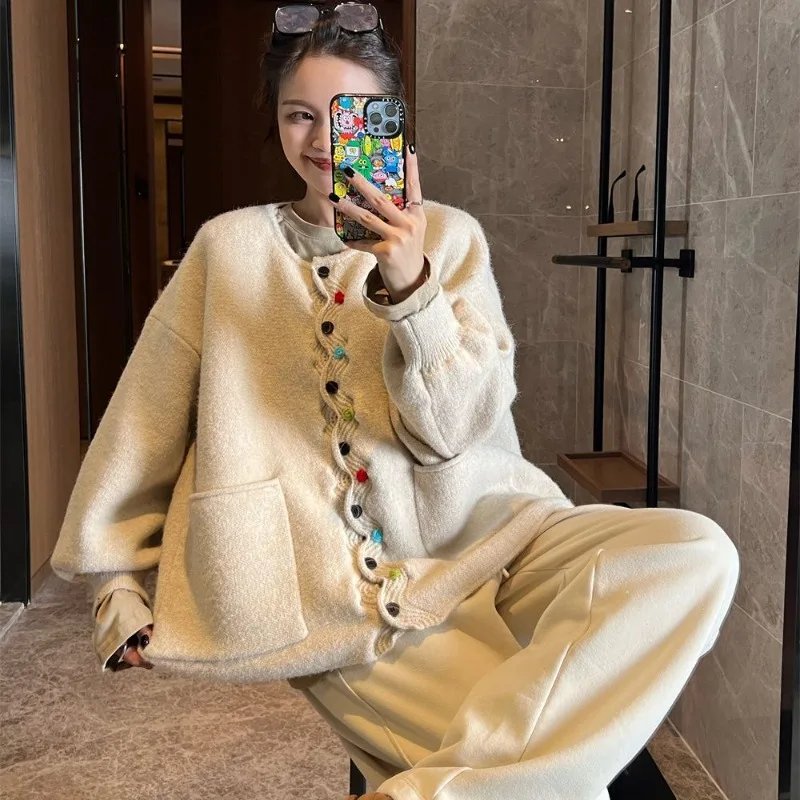 

Korean Coat Lazy Wind Show Feeling Knitted Large Size Women Clothing Design Cardigan Sweater Thin Loose Slightly Fat Outer Wear