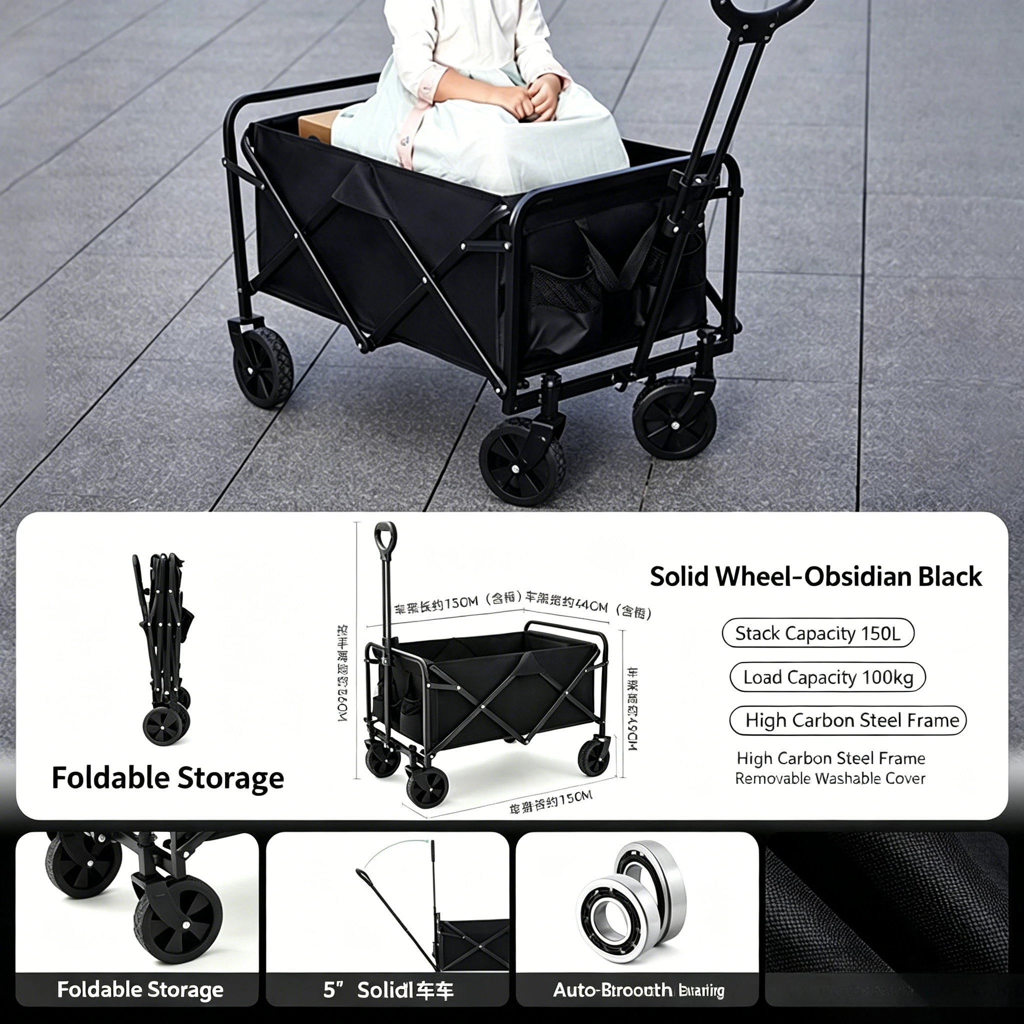 Outdoor Camping Cart Foldable Wagons Carts with All-Terrain Wheels Utility Grocery Wagon Large Capacity Garden Cart Adjustable H