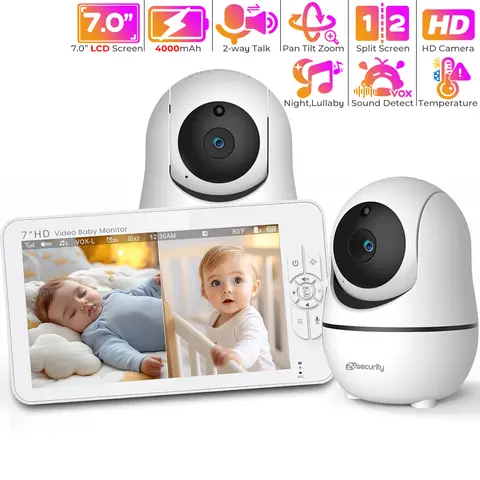 7 Inch Baby Monitor with 2 Cameras 1080P Babyphone Split Screen Pan-Tilt-Zoom Nanny Camera 2-way Audio Night Vision BabySitter