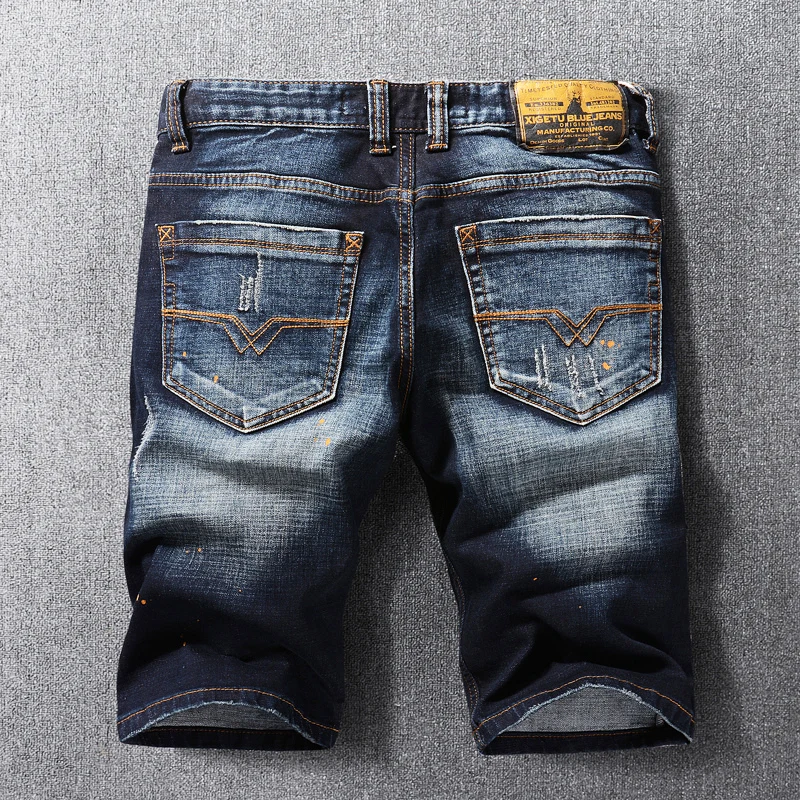 Summer Fashion Designer Men Jeans Retro Black Blue Embroidery Elastic Short Ripped Jeans Patched Vintage Casual Denim Shorts Men