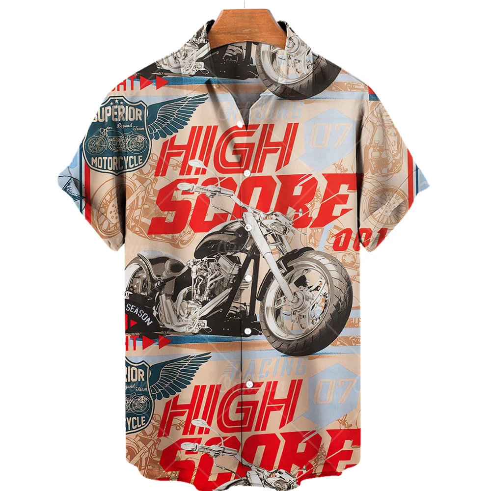 Hawaiian Shirt for Men Motorcycle 3D Fashion Print Blusas Short Sleeve Beach Lapel Oversized Shirt Clothing Hip Hop Biker Camisa