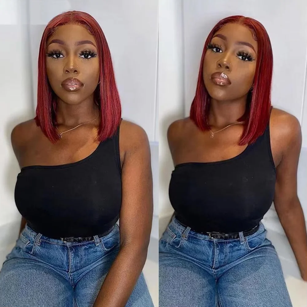 99J Burgundy Straight Short Bob Wigs Straight Brazilian  Human Hair 13X4 Lace Frontal Wig Remy Human Hair Red for Women