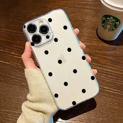 Simple Fashion Polka Dots Transparent Phone Case for iPhone 16 14 15 11 12 13 Pro Max 13Mini 7 8 15 Plus SE Black Clear Covers