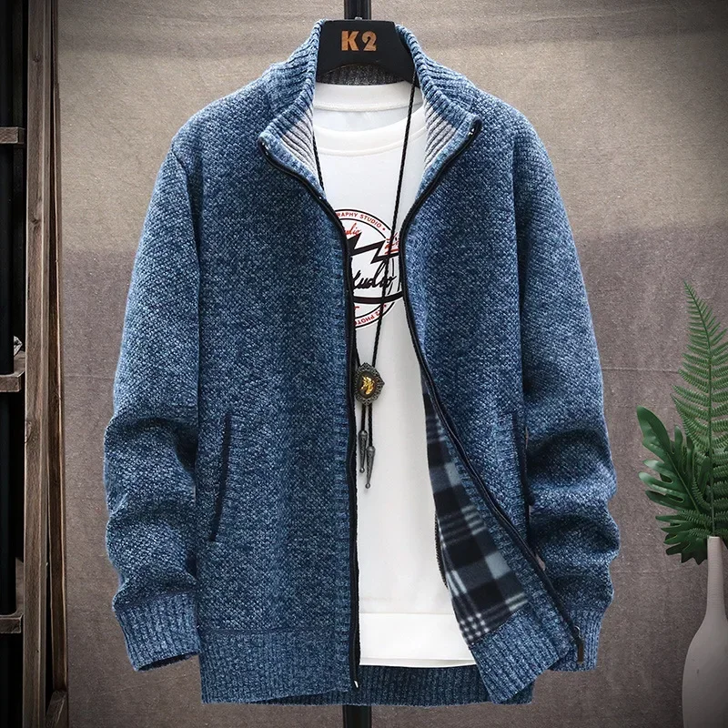 Men's Winter Spring Fleece Sweater Zipper Cardigan Korean Warm Jacket Coat Sports Male Jumper Knit Clothing Brown Jacket