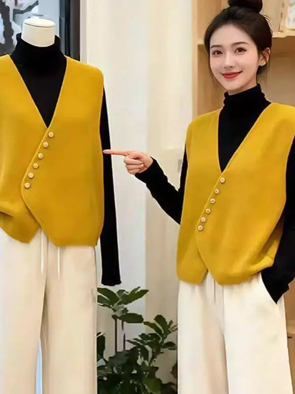 Fashionable Luxury  Color Knitted V-Neck Waistcoat Autumn Winter New Style Korean Sleeveless Simple Commuting Women's Wear