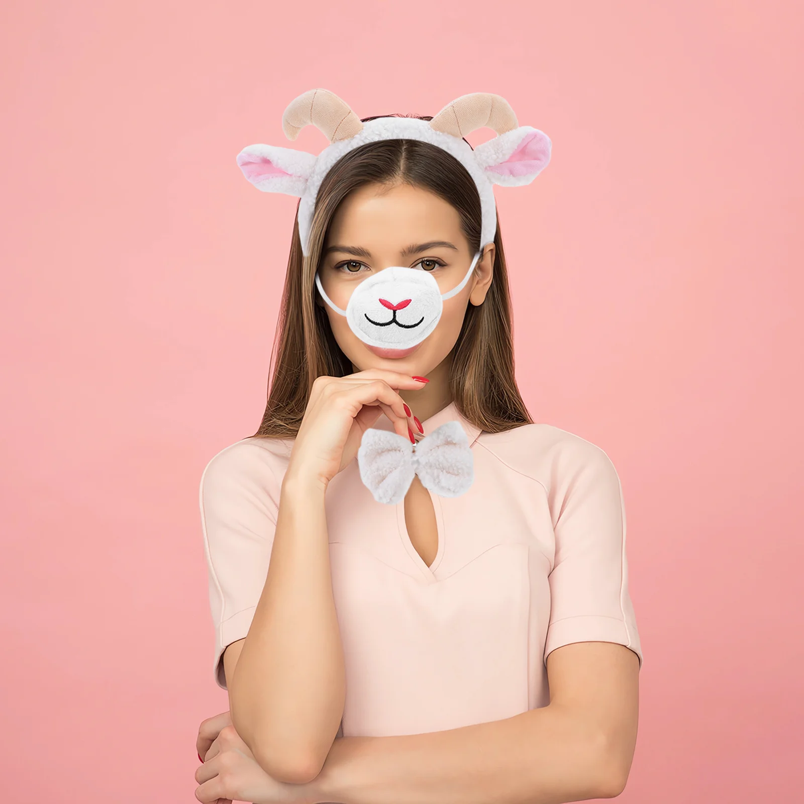 1Set Kostuum Set Witte Geit Oren Hoofdband Clip Staart Gebogen Hoorns Lam Gezicht Stuk voor Halloween Dress Up School spelen