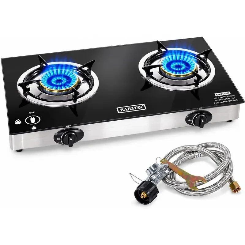 2 Burner Propane Gas Stove 25516 BTU Portable Camping Cooktop with Auto Ignition Tempered Glass Top LPG Outdoor Cooking Stove