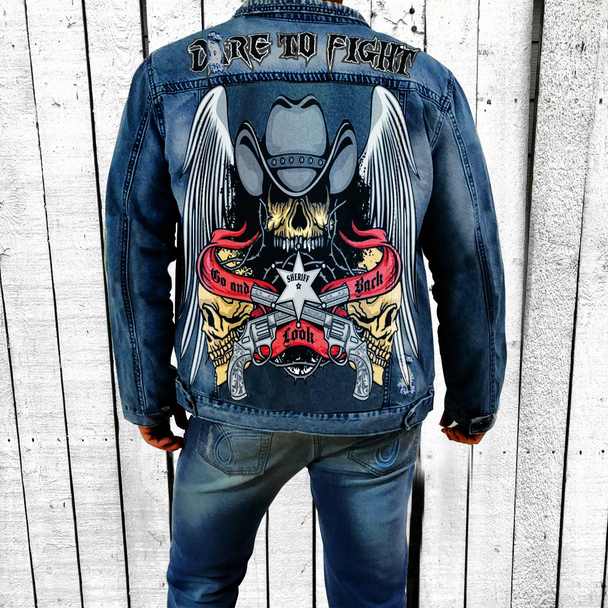 

Men's Denim Jacketmen's Autumn And Winter New Street Retro Punk Style Double Gun Skull Hat Pattern Print Long Sleeve Denim Jacke