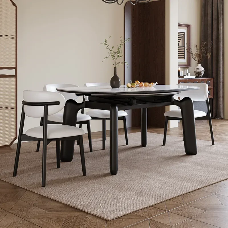 Solid Wood Rock Slab Dining Table and Chair Set Folding Telescopic Square Round Dual Purpose Medium Ancient Style for Small