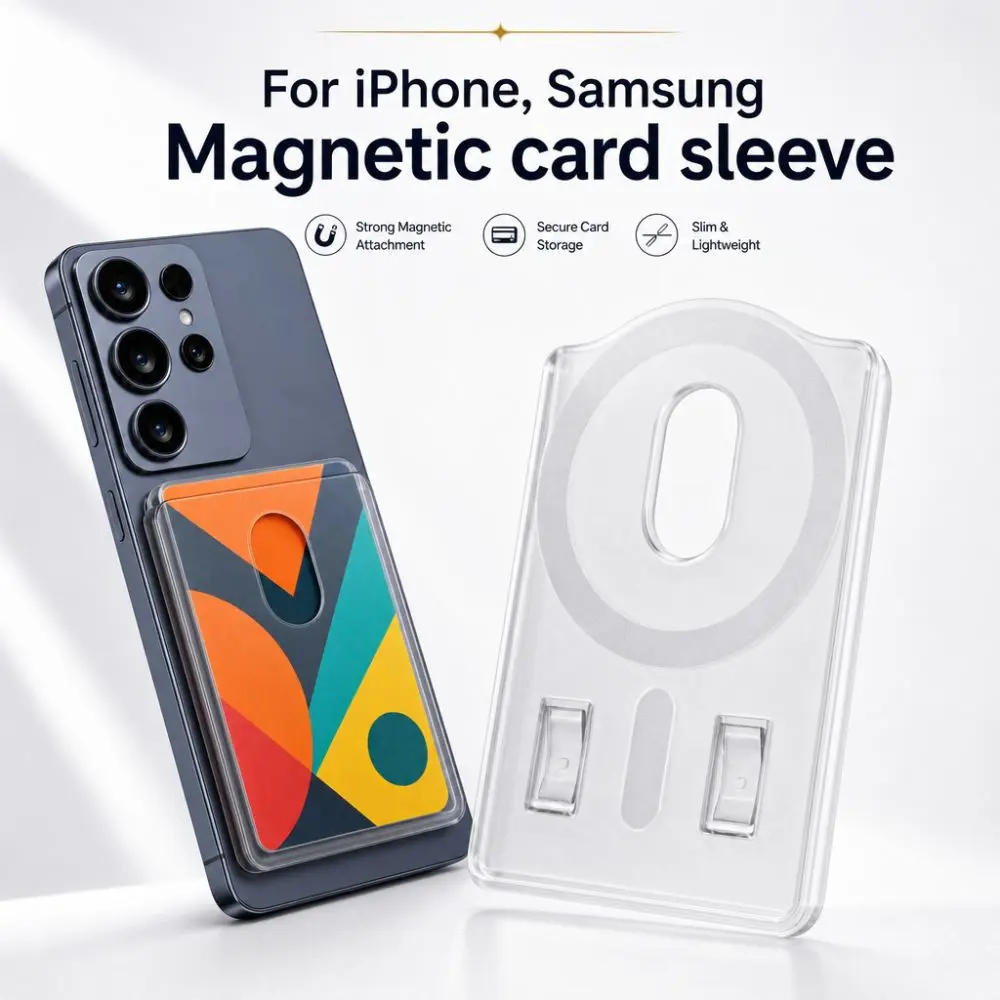 Transparent For MagSafe Card Sleeve 2 Card Slots Ultra-thin Magnetic Stand Card Holder Detachable for iPhone, Samsung