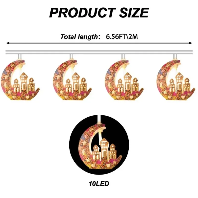 سلسلة إضاءة حديدية لقلعة القمر مبارك رمضان، 2 سلسلة أضواء قمر إسلامية تعمل ببطارية AA، ديكورات رمضان للمنزل