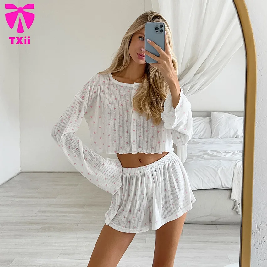 TXii 2024 White Knitted Jacquard Love Printed Pajamas Three-Piece Sling Long-Sleeved Shorts Women\'s Home Clothes