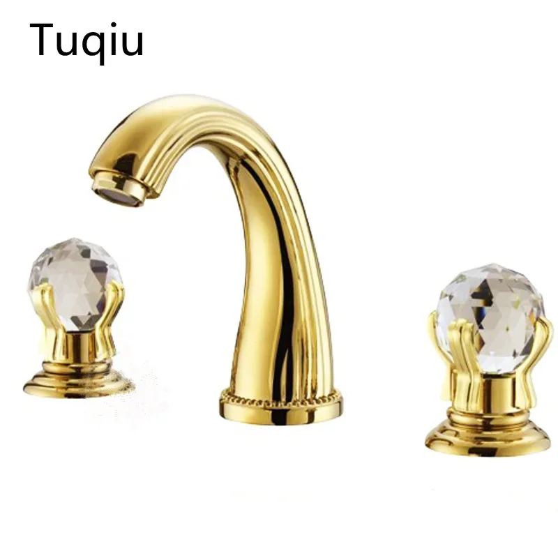 Free Shipping Wash Basin Mixer luxury high quality brass gold plating crystal handle widespread basin faucet sink faucet