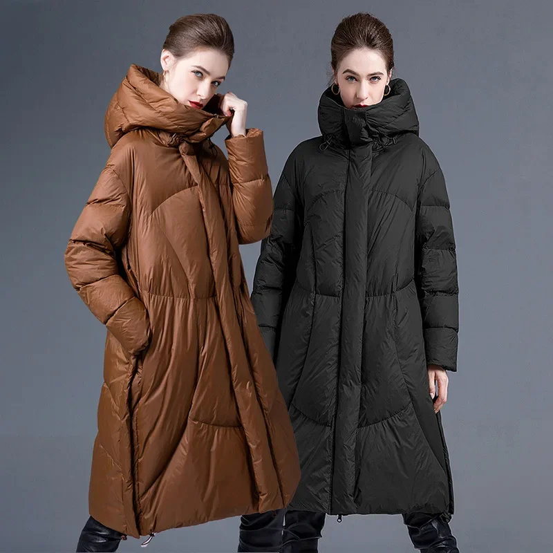 2023 New Winter Women Down Coat Hooded Thickened Warm 90% White Duck Down Coat Fashion Mid Length High End European Women Parkas