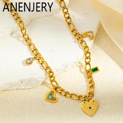 ANENJERY 316L Stainless Steel Heart Eyes Shiny Zircon Think Necklace For Women Vintage Fashion Bohemia Jewelry Gifts