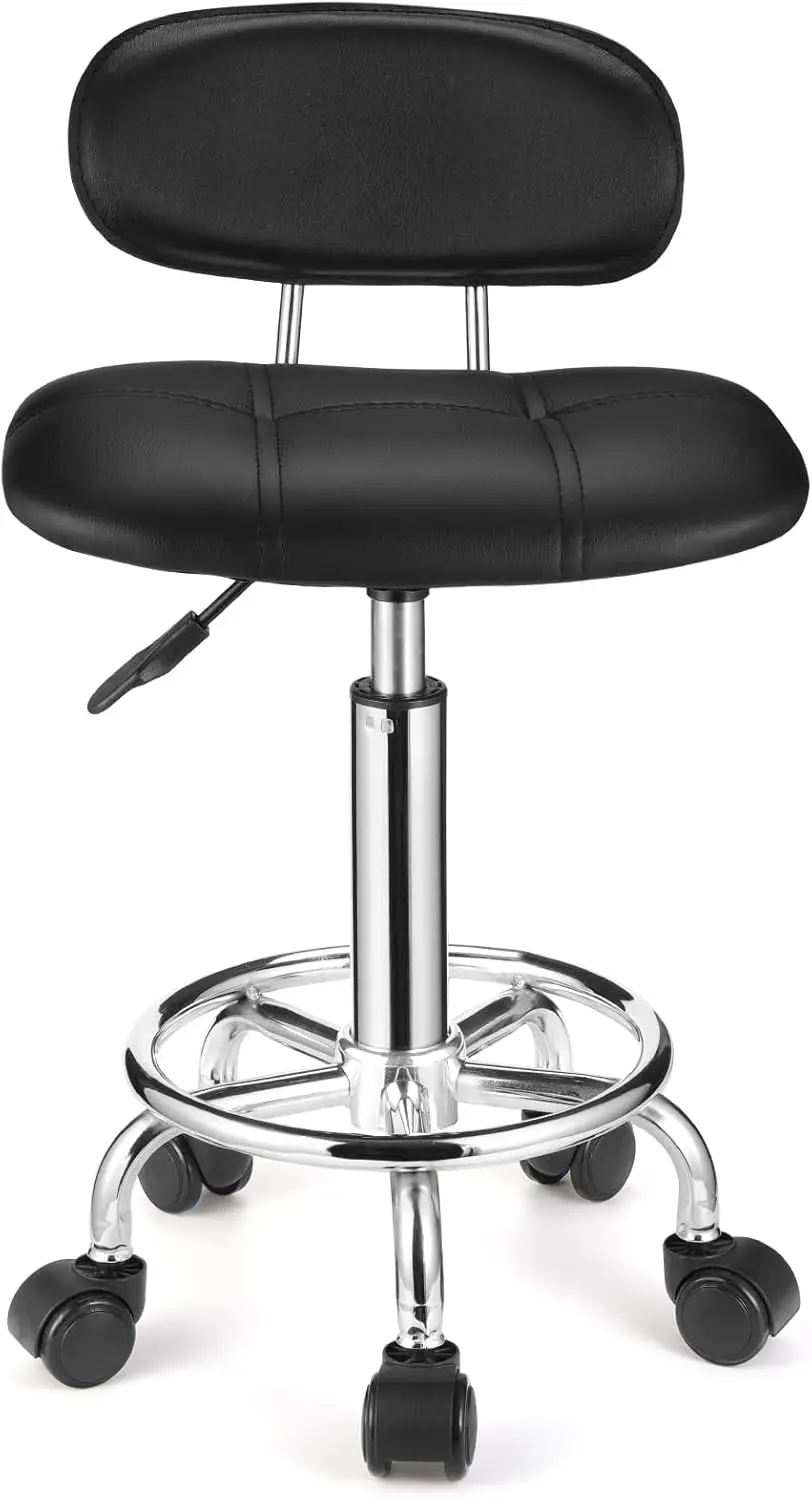 Adjustable Height Swivel Rolling Stool with Backrest and Wheels, Black