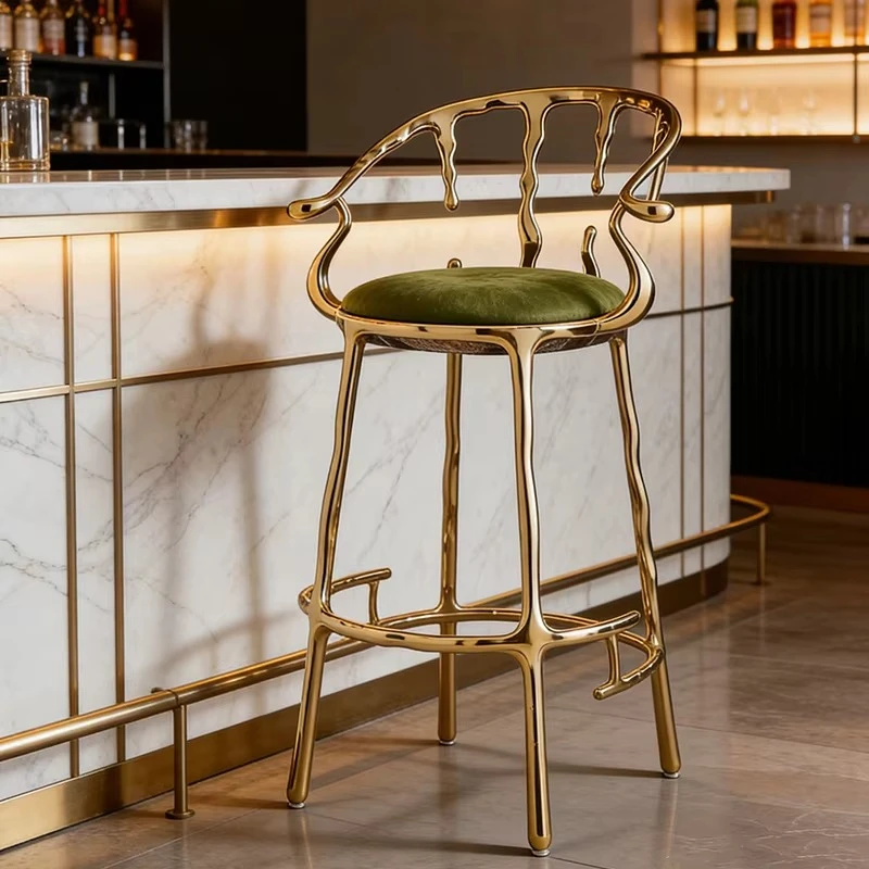 Artistic brass modern eco-friendly bar chair olive green velvet seat high-end bar stool restaurant luxury interior