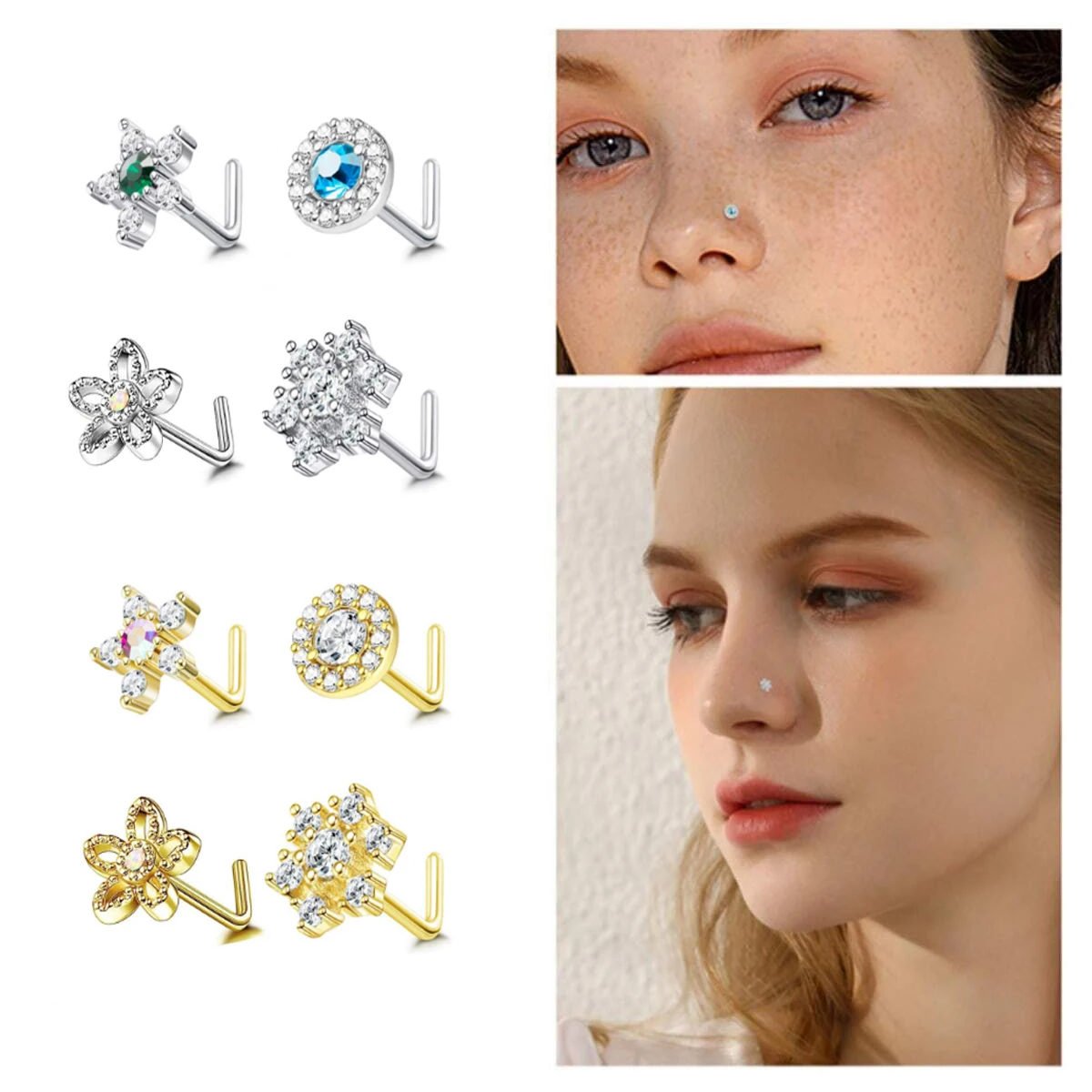 1/8pcs 20G Stainless Steel Nose Rings Studs,L Shape Cubic Zerconia Star Flower Round Nose Stud Hypoallergenic Piercing Jewelry