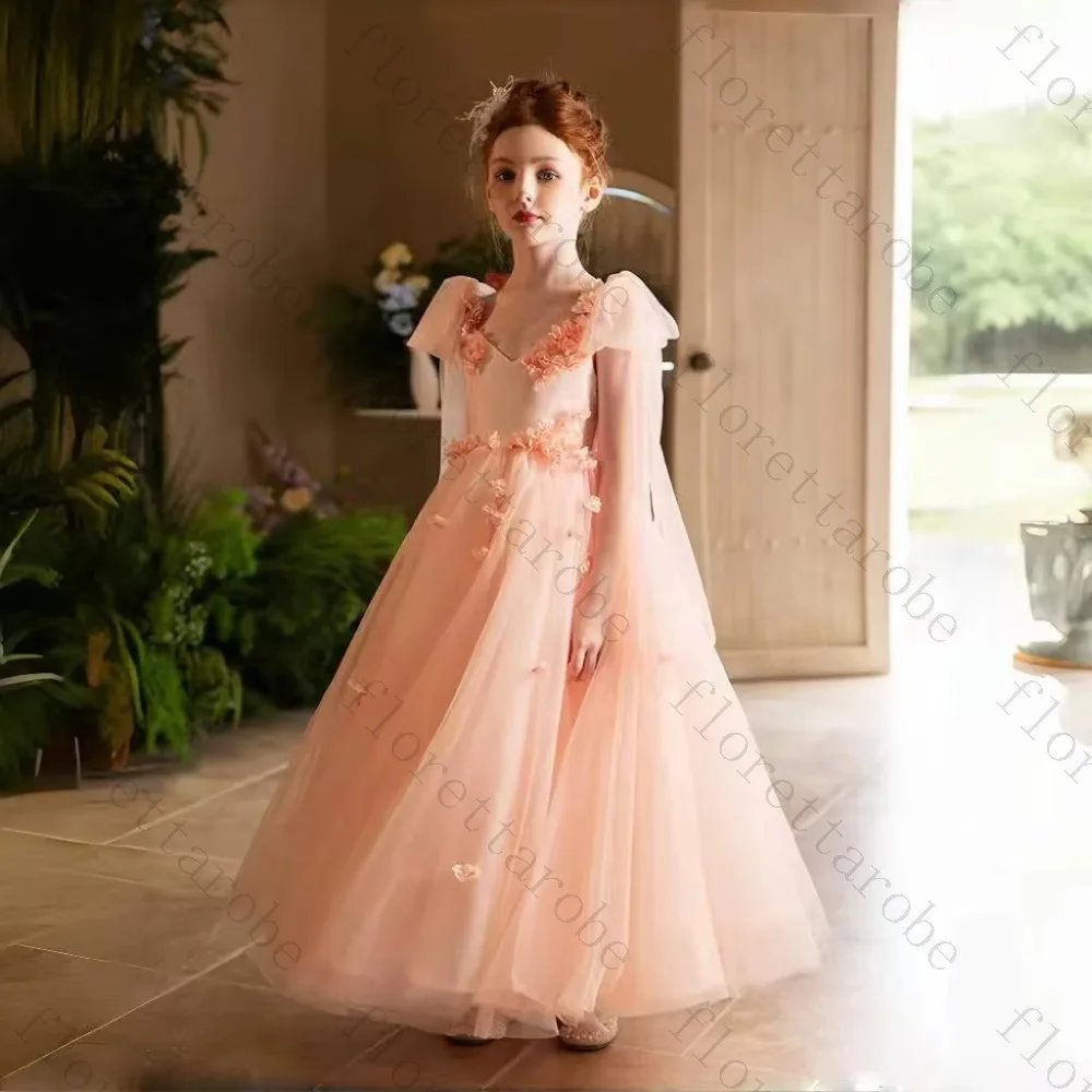 Customized Pink Flower Girl Dress Ball Gown Long Square Neck Cap Sleeve Tulle 3D Floral Applique Beaded Capelet Wedding Kid Gown