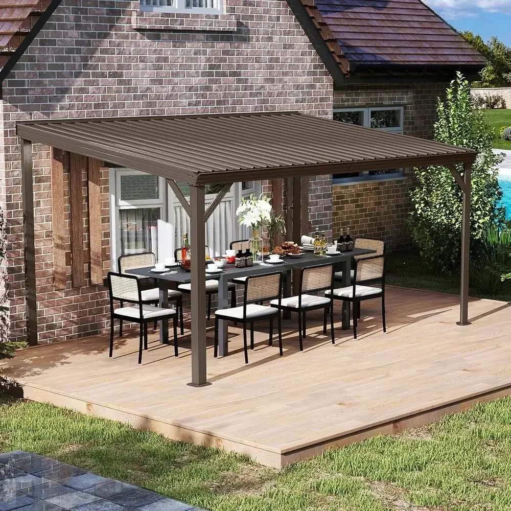 10x14 Outdoor Hardtop Gazebo with Wall Mount, Galvanized Steel Roof, Gutter & Brown Finish