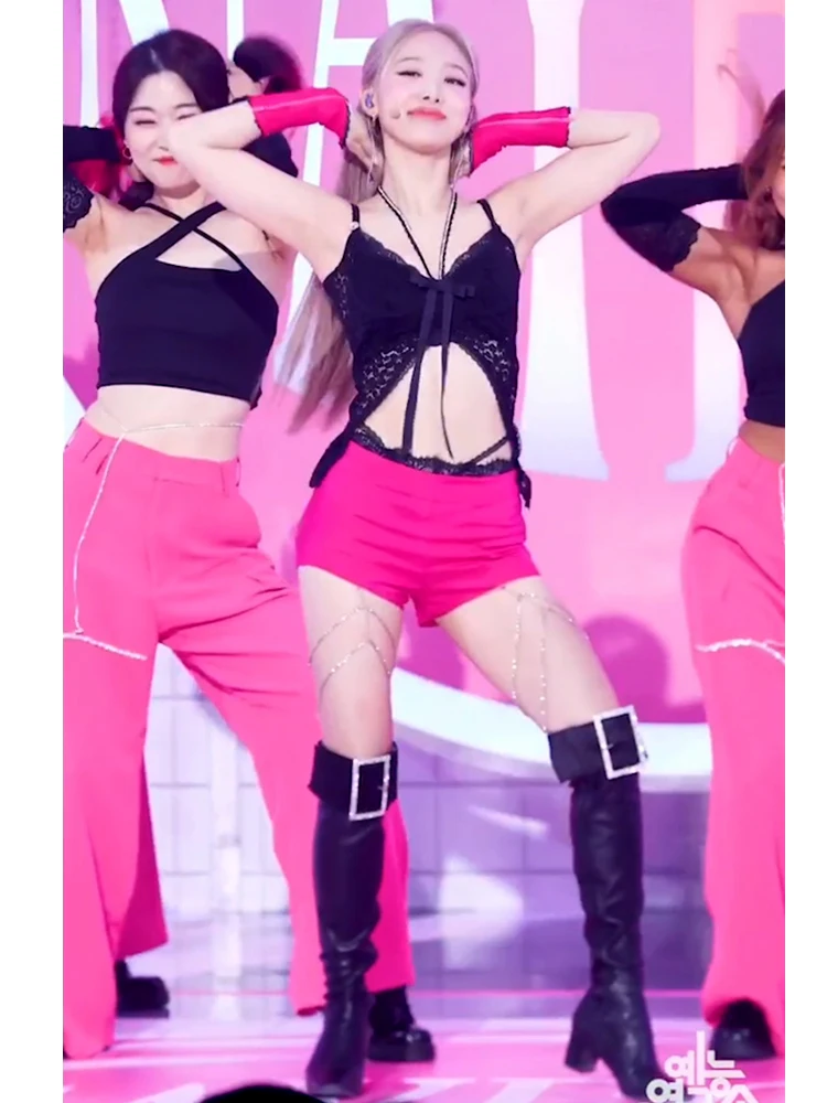 Kpop Korean Singer Jazz Dance Black Off-Shoulder Bow Sling Tube Top Vest+Red Sexy High Waist Slim Shorts Women Two Piece Set