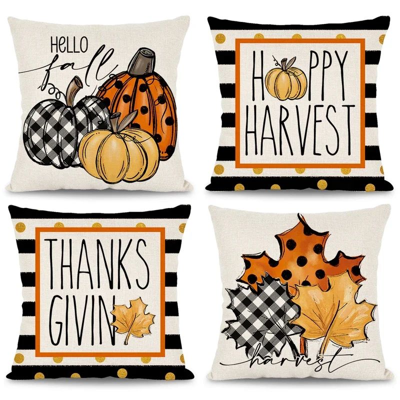 1pc/4pcs Autumn Harvest Pillowcase Pumpkin Maple Striped Polka Dot Cushion Cover Happy Fall Harvest Thanksgiving Home Decor