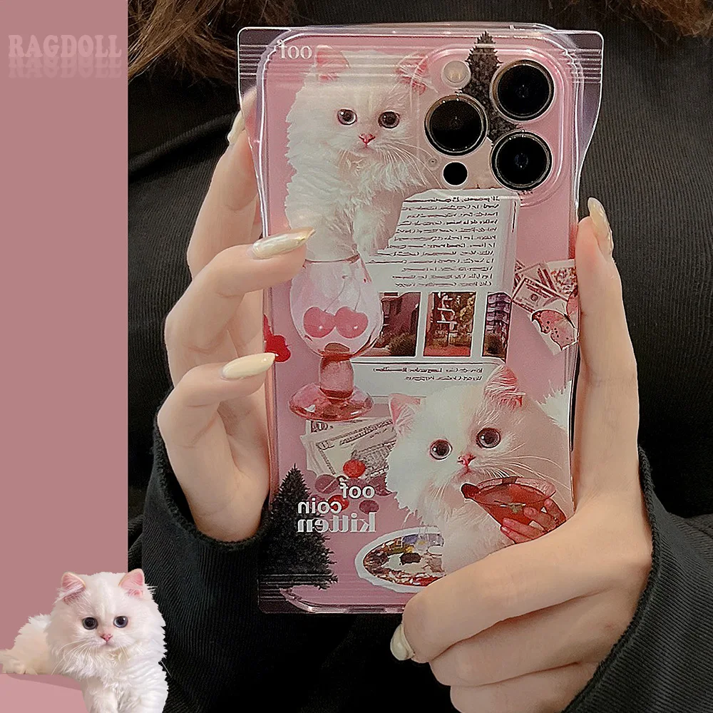 Cherry cocktail Kitten Sweet girls Retro art transparent Phone case For iPhone 14 13 11 12 Pro Max 14 Plus case Cute Soft Cover