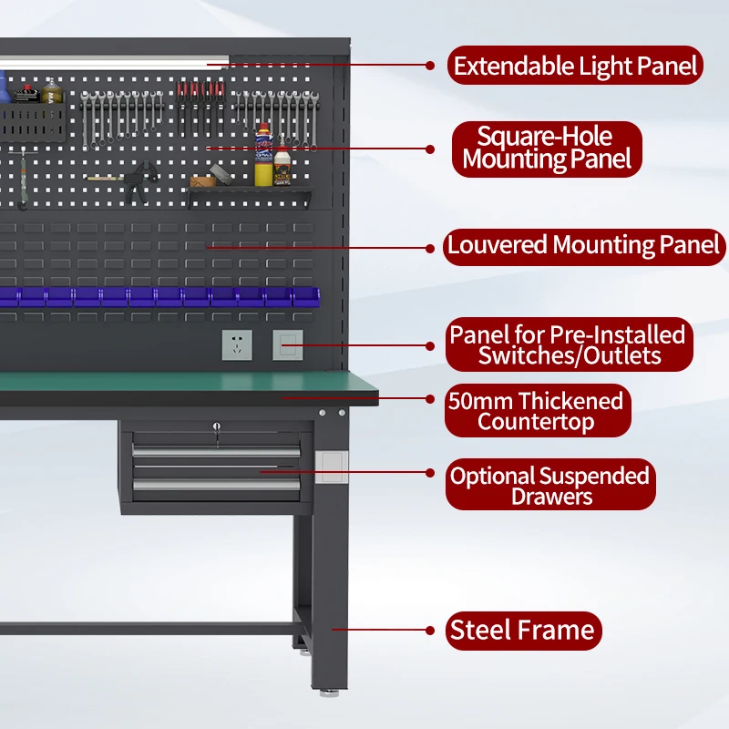 Workbench with 1000mm Pegboard Tool Organizer Panel for Industrial Workshop
