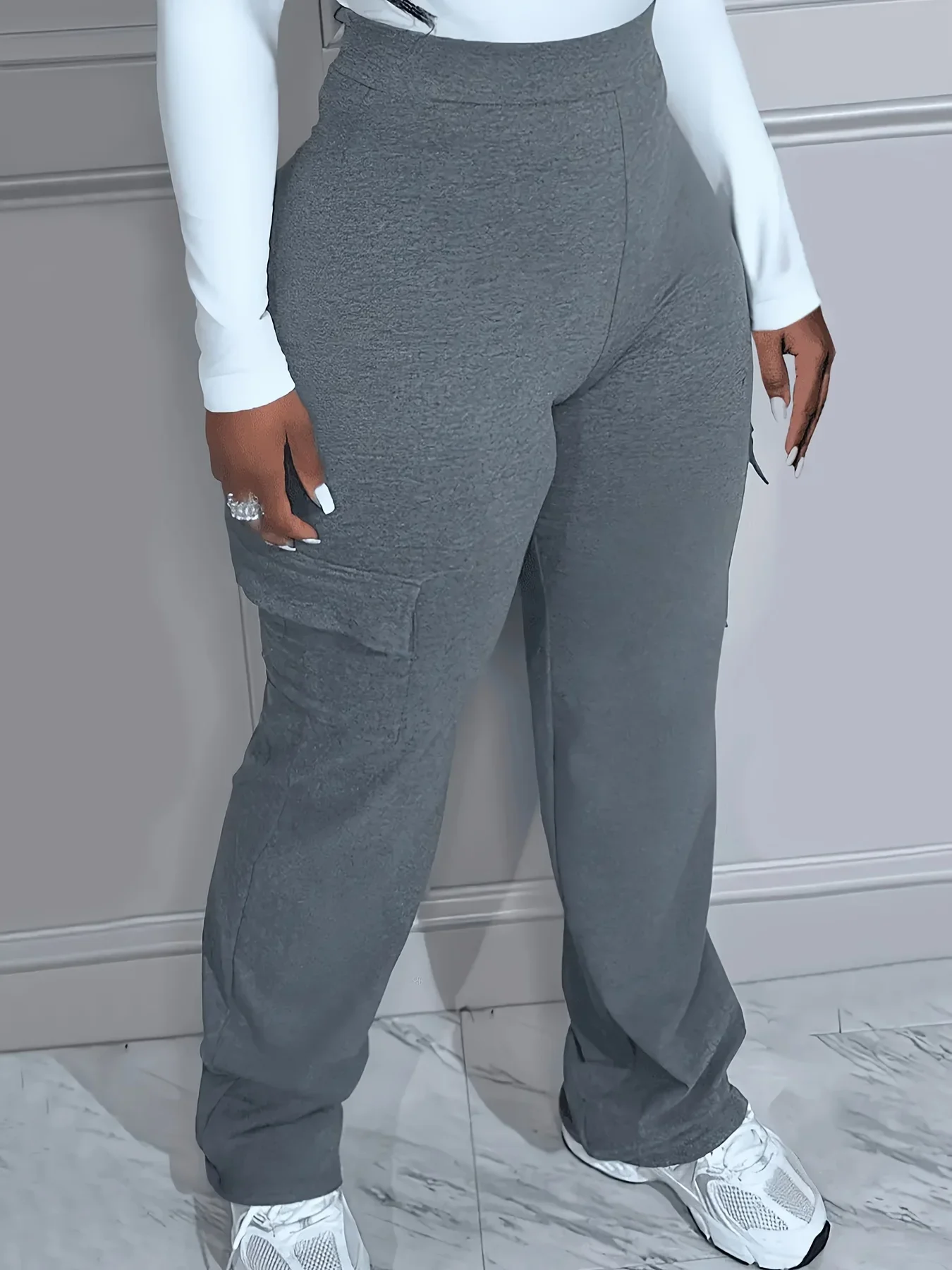 Plus Size Solid Pocket Pants Casual High Waist Pants for Spring & Fall Women's Plus Size Clothing