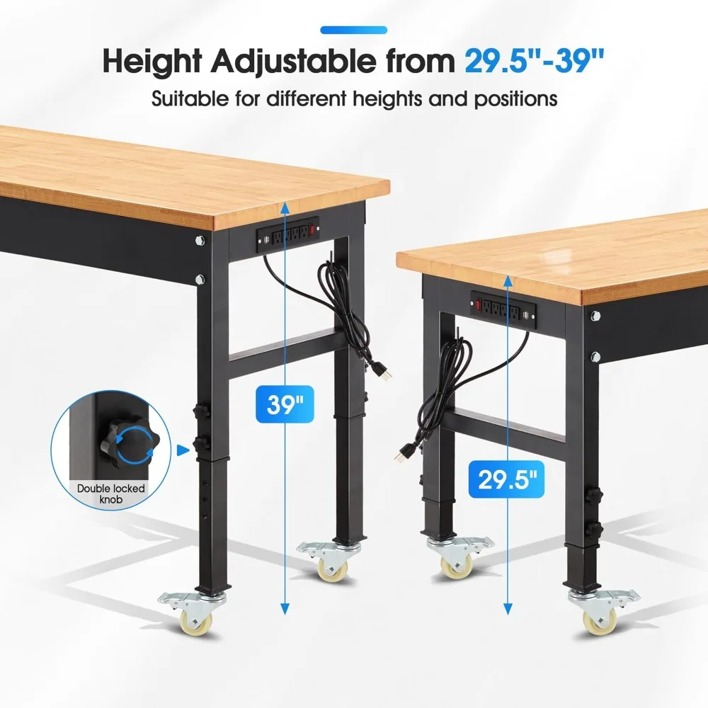 منضدة عمل قابلة للتعديل على عجلات، محطة عمل شديدة التحمل بقدرة 2000 رطل مع منافذ طاولة عمل من الخشب المطاطي للمرآب #3