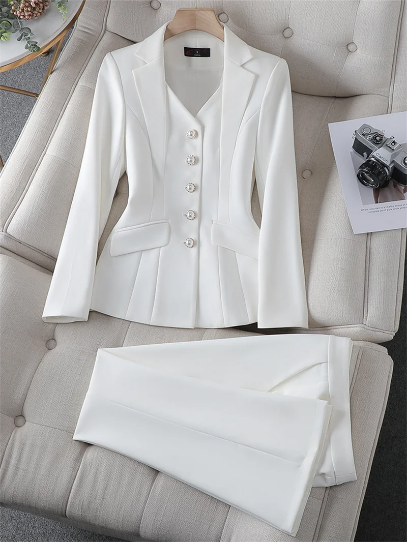 Spring Autumn Women Blazer Jacket And Pant Suit New Fashion White Red Black Blazer Trousers 2 Piece Set Ladies Office Work Suit