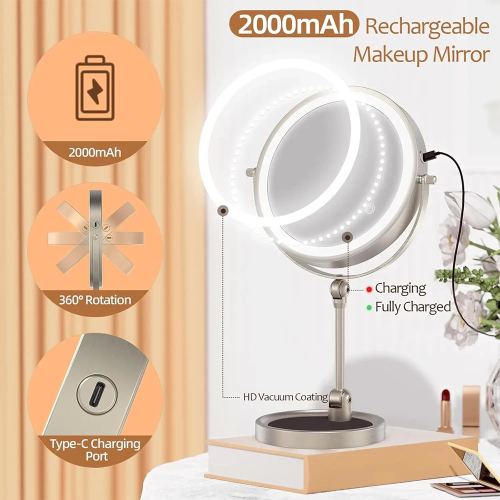 10x vergrotende 9-inch make-upspiegel met licht Dubbelzijdig in hoogte verstelbaar Grote verlichte make-upspiegel LED make-upspiegel
