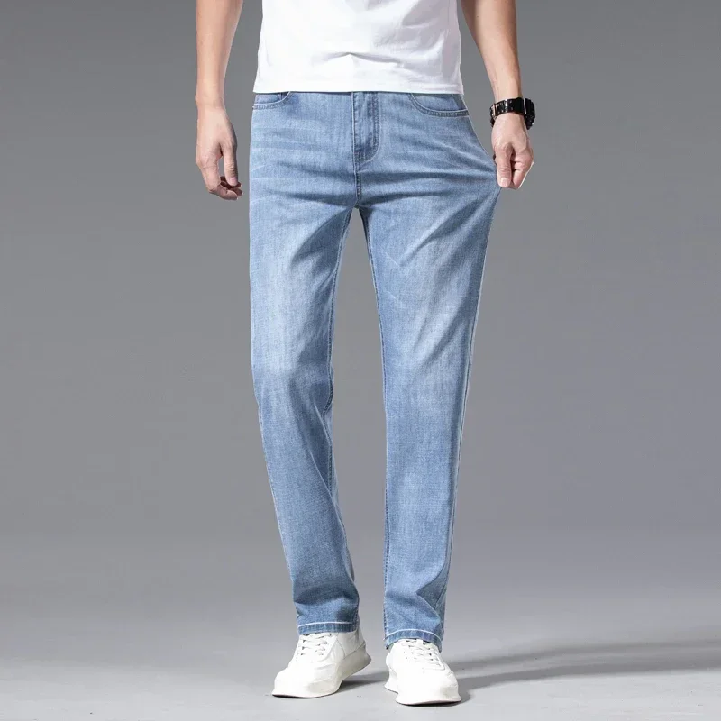 2026 Men's New Autumn Straight Casual Jeans Light Blue Classic Breathable Comfortable No Ironing Stretch Denim Trousers Male